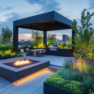 Design a modern rooftop garden featuring a sleek gazebo, a speci...