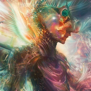 A shimmering, ethereal being, its form a dazzling mix of light a...