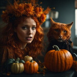 Pumpkin head monster attacking beautiful ginger haired woman
