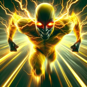Depict Reverse Flash in a dynamic pose, surrounded by crackling...