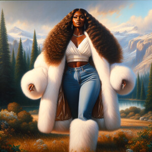 Craft a 4K glossy oil painting portraying a regal, plus-size Afr...