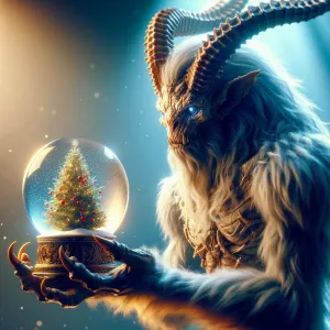 Krampus holds a snow globe in his hand, with a Christmas tree ca...