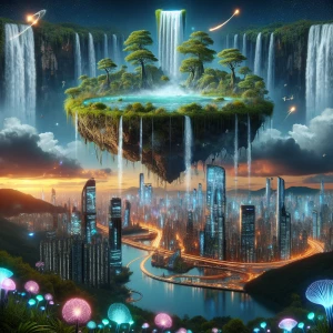 A surreal landscape blending natural and futuristic elements—lik...