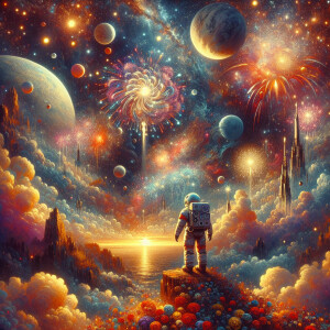 An astronaut enjoying a space venture, gazing at the vast, pure,...