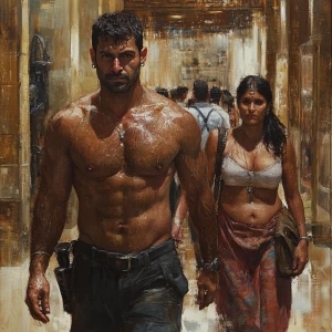 Realism.A sweaty  man walking with his mother in law with noseri...