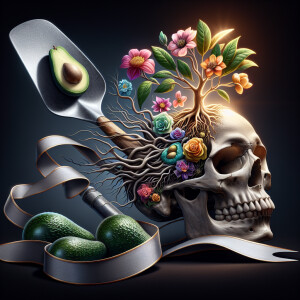 Create an image of a skull entwined with vibrant flowers, from w...