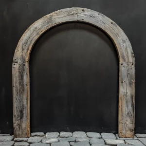 A wooden archway, centered in the image. The arch is made from beautiful vintage barndoor wood.   The archway has a smooth, semi-circular shape and shows the nails and slight wear of the weathered barn wood.  The wood has a grey, beige weathered color with lighter, streaky highlights.  The interior of the archway is completely black. The archway sits atop a natural vintage cobble stones. The background is a plain,black.The overall style is rustic, minimalist, and natural, evoking a sense of warmth and organic beauty. The lighting is even, casting no distinct shadows within the image, which enhances the focus on the wood texture and its details. The perspective is straight-on, looking directly at the archway.