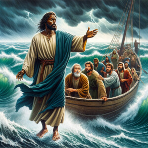 African-American Jesus telling Peter to come walk on the water,...