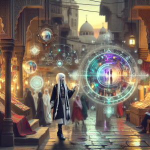 A beautiful girl with long white hair braided in two braids and...