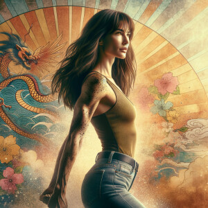 Athletic Thin skinny Attractive, Asian teenage girl, long brown hair and bangs, wearing tight skinny jeans and a halter top paint marks on her clothing, heroic pose Asian graffiti background, backside view