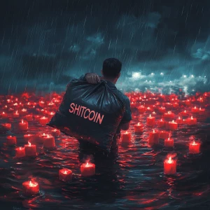 man holding a heavy bag labeled "SHITCOIN" while drowning in a s...