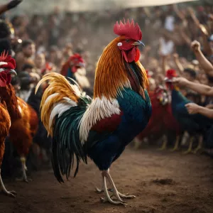 Robust, victorious fighting rooster in a triumphant pose after a...