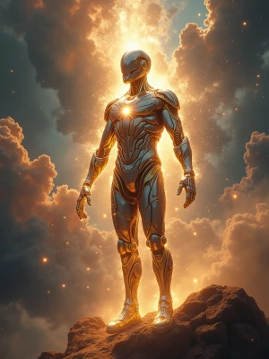 Through the technicolor haze of a cosmic nebula, a celestial bei...