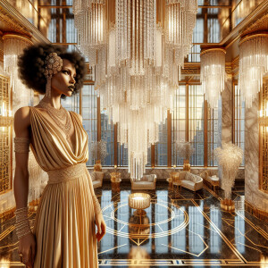 o	In the opulent splendor of an Art Deco penthouse, an elegant L...