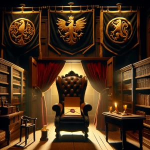 "A hidden room behind a sliding bookshelf reveals an eerie stop-motion ritual space. Velvet banners with golden insignias hang behind an oversized wooden chair, like a throne. On the chair rests a sealed envelope with a wax crest. The room’s lighting is dramatic—golden light from a fireplace flickers, casting distorted shadows of hooded figures standing in the background. The furniture appears handcrafted, with visible stitching on the miniature leather armchairs and a tiny golden goblet resting on a polished desk."