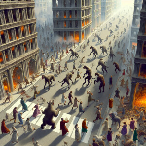 Animales zombies avanzando por una calle llena de edificios y ge...