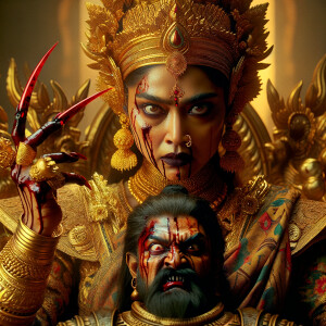 portrait of intense looking indian goddess sitting on a gold cr...