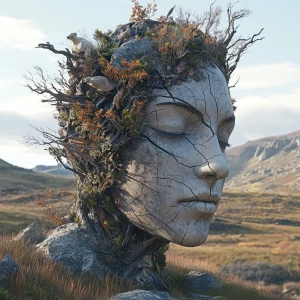 Design a 3D 8K UHD photorealistic image where a beautiful human face emerges organically from a Rocky Mountain landscape, incorporating elements of local wildlife and nature as facial features. Achieve a high level of detail and maintain a seamless, unified aesthetic throughout the composition.