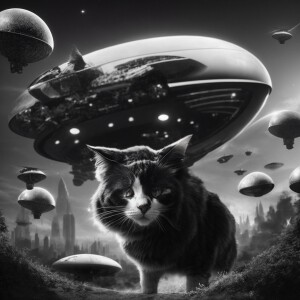 A black-and-white illustration of a startled cat taking a selfie...