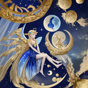 Celestial fairy in navy blue and gold with a sun and moon