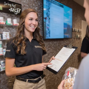 Create an image of a female insurance agent in a crowded waiting...