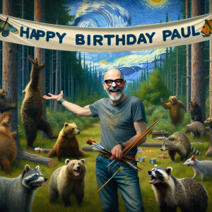 Generate a photorealistic image of a birthday party in a dense f...