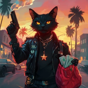 A humanoid cat character standing in a bustling city street at d...