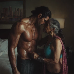 hyperRealism painting.a muscular sweaty indian employer man cari...