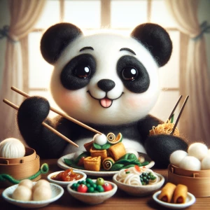 A cute image of a felt panda eating Chinese food