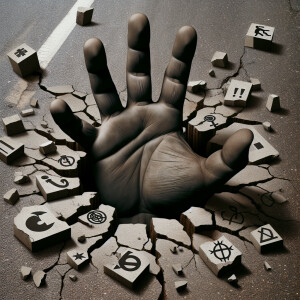 Create an image of a giant, dark-skinned hand with a weathered a...