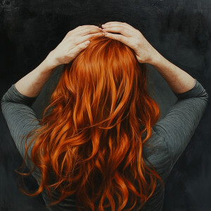 Create a realistic image of a dark redheaded girl feeling frustr...
