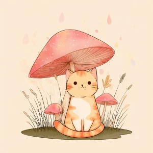 Pastel pink orange cat under mushroom, kawaii illustration, isol...