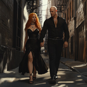 Create a photorealistic image of a stylish couple walking down a...