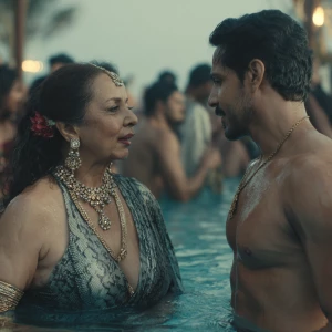 a punjabi  curvy mother in law, in her late 50s,  wearing latex...