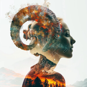 Create a double exposure profile shot for Aries in the 1st House...
