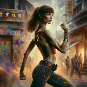 Athletic Thin skinny Attractive, Asian teenage girl, long brown hair and bangs, wearing tight skinny jeans and a halter top paint marks on her clothing, heroic pose Asian graffiti background, backside view