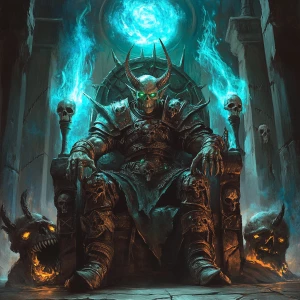 goblin warrior sitting on a throne, with a creature by his side....