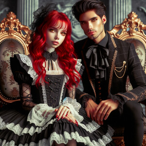 Lilith as a girl with elegant gothic lolita dress sit beside handsome lucifer, the girl has red hair and golden eyes, thrones