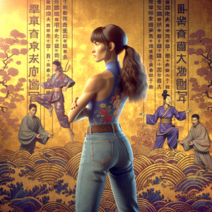 Athletic Thin skinny Attractive, Asian teenage girl, long brown hair and bangs, wearing tight skinny jeans and a halter top paint marks on her clothing, heroic pose Asian graffiti background, backside view