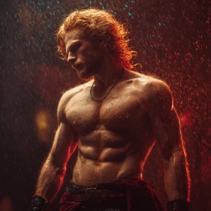 20-year-old man, ginger-white hair color, chest hair, in the rai...