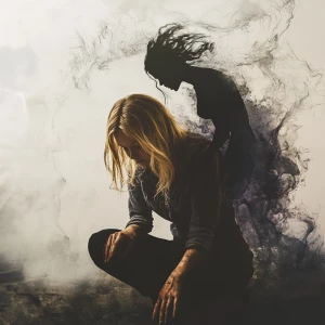 A powerful double exposure portrays a petite blonde woman in dee...