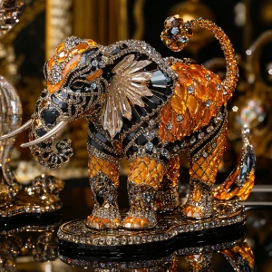 A crystal-carved elephant with 24-carat gold details stands in a...