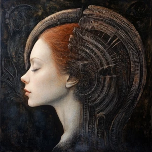 Create an HR Giger-inspired image featuring a contemplative woma...
