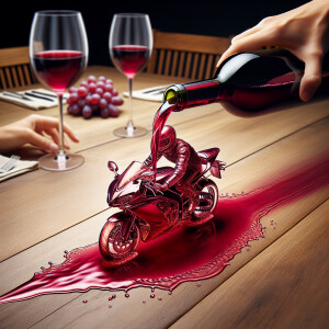 Wine pouring out of a bottle, and as it gets near the table it m...