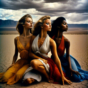 Create a candid color-film snapshot from 1972 of three beautiful...