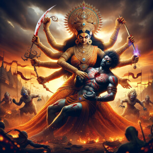 Portrait of angry and gorgeous goddess durga slaying mahishasur by carrying him like a baby and stabbing him with her red long nails.  Goddess Durga should have eight arms. she should wear Gold jewelry all over the body. Mahishasur should have wounds all over his body. mahishasur should be smaller in size compared to Goddess durga. Background is an intense battlefield. reddish hue everywhere and sunset in the background.  Epic scene. 4k, HDR. Photography