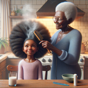 Create a realistic 3-D image of an african-American grandmother in the kitchen with her african-American granddaughter. The grandmother has a hot comb in her hair and she is straightening her granddaughters hair. One side of her granddaughters hair is in  a Afro the other is bone straight 
There is smoke coming from the hot comb