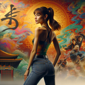 Athletic Thin skinny Attractive, Asian teenage girl, long brown hair and bangs, wearing tight skinny jeans and a halter top paint marks on her clothing, heroic pose Asian graffiti background, backside view