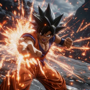 Goku showcasing his  signature moves in a dynamic battle scene.