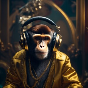 A stylish monkey grooving to music on its headphones while flaun...